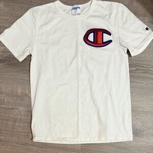 Champion White Tee with Red and Blue stitched Emblem